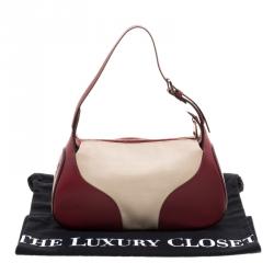 Pre Owned Bally Burgundy and Off-White Leather and Canvas Shoulder Bag
