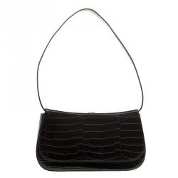 Bally Black Croc Embossed Leather Flap Shoulder Bag