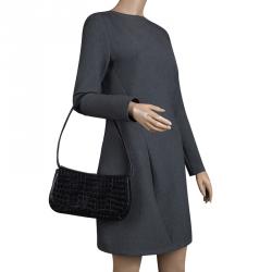 Bally Black Croc Embossed Leather Flap Shoulder Bag