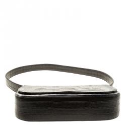 Bally Black Croc Embossed Leather Flap Shoulder Bag