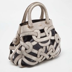 Pre Owned Bally Ivory/Black Snakeskin Embossed Leather Papillon Tote
