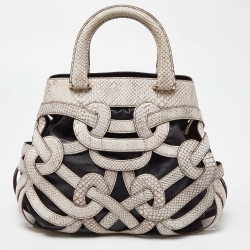 Pre Owned Bally Ivory/Black Snakeskin Embossed Leather Papillon Tote