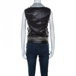 Pre Owned Balmain Black Leather Painted Collar & Studded Detail Gilet S