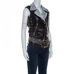 Pre Owned Balmain Black Leather Painted Collar & Studded Detail Gilet S