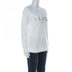 Pre Owned Balmain Off White Cotton Gold Logo Detail Sweatshirt M