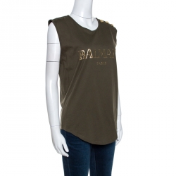Pre Owned Balmain Khaki Green Logo Print Cotton Sleeveless T-Shirt M