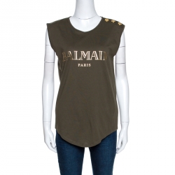 Pre Owned Balmain Khaki Green Logo Print Cotton Sleeveless T-Shirt M