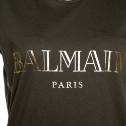 Pre Owned Balmain Khaki Green Logo Print Cotton Sleeveless T-Shirt M