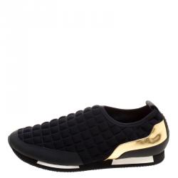 Balmain Black Quilted Neoprene and Gold Metallic Leather Maya Slip On Sneakers Size 40