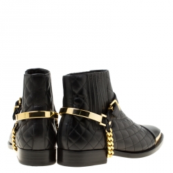 Pre Owned Balmain Black Quilted Leather Chain Embellished Ankle Boots Size 39