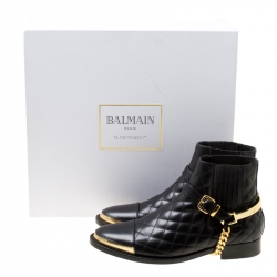 Pre Owned Balmain Black Quilted Leather Chain Embellished Ankle Boots Size 39