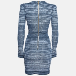 Pre Owned Balmain Blue Stretch Tweed Mini Bodycon Dress S