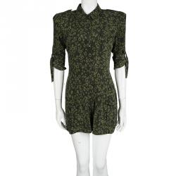 Pre Owned Balmain Olive Green Printed Silk Power Shoulder Shirt Dress M
