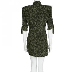 Pre Owned Balmain Olive Green Printed Silk Power Shoulder Shirt Dress M