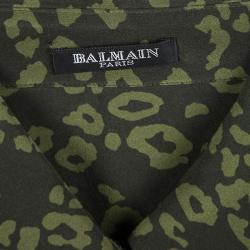 Pre Owned Balmain Olive Green Printed Silk Power Shoulder Shirt Dress M
