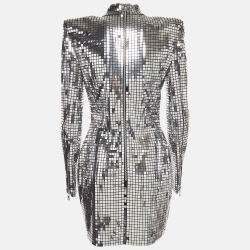 Pre Owned Balmain Silver Jersey Mirror Embellished High Neck Mini Dress M