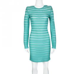 Pre Owned Balmain Blue Knit Mesh Insert Bodycon Dress M