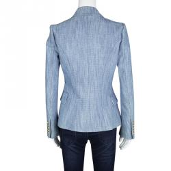 Pre Owned Balmain Blue Button Logo Detail Double Breasted Blazer M