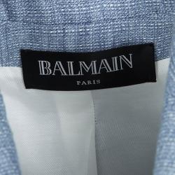 Pre Owned Balmain Blue Button Logo Detail Double Breasted Blazer M