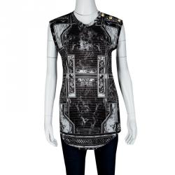 Pre Owned Balmain Monochrome Printed Shoulder Button Detail Tank Top M