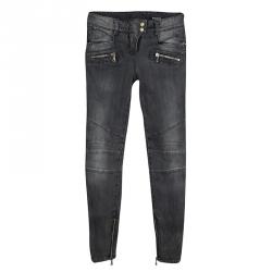 Balmain Grey Faded Effect Denim Logo Button Detail Distressed Jeans S