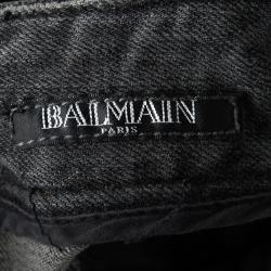 Balmain Grey Faded Effect Denim Logo Button Detail Distressed Jeans S