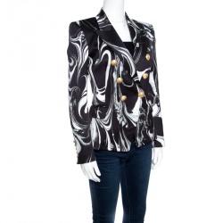Pre Owned Balmain Black Marble Printed Satin Double Breasted Blazer S