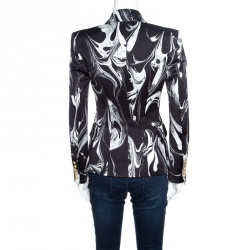 Pre Owned Balmain Black Marble Printed Satin Double Breasted Blazer S