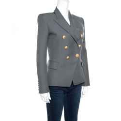 Pre Owned Balmain Grey Wool Logo Button Detail Double Breasted Blazer S
