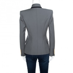 Pre Owned Balmain Grey Wool Logo Button Detail Double Breasted Blazer S