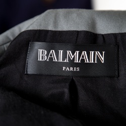 Pre Owned Balmain Grey Wool Logo Button Detail Double Breasted Blazer S