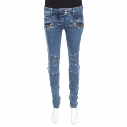 Pre Owned Balmain Indigo Washed Denim Pin-tucked Panel Zip Detail Skinny Biker Jeans S