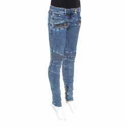 Pre Owned Balmain Indigo Washed Denim Pin-tucked Panel Zip Detail Skinny Biker Jeans S