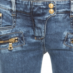 Pre Owned Balmain Indigo Washed Denim Pin-tucked Panel Zip Detail Skinny Biker Jeans S
