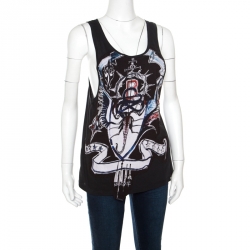 Pre Owned Balmain Dark Green Scorpion Printed Applique Detail Cotton Tank Top S