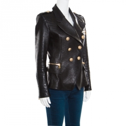 Pre Owned Balmain Black Embossed Crocodile Effect Lamb Leather Jacket M