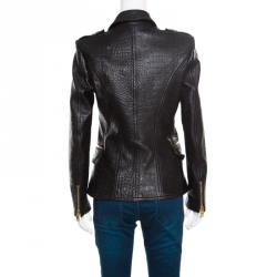 Pre Owned Balmain Black Embossed Crocodile Effect Lamb Leather Jacket M