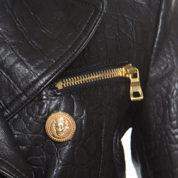 Pre Owned Balmain Black Embossed Crocodile Effect Lamb Leather Jacket M