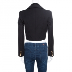 Pre Owned Balmain Black Wool Front Open Cropped Blazer S