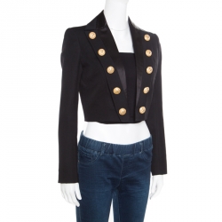 Pre Owned Balmain Black Wool Front Open Cropped Blazer S