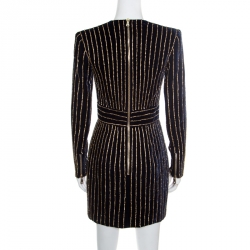 Pre Owned Balmain Navy Blue Velvet Crystal Embellished Long Sleeve Mini Dress M