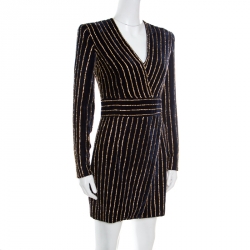 Pre Owned Balmain Navy Blue Velvet Crystal Embellished Long Sleeve Mini Dress M