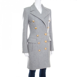 Pre Owned Balmain Grey Wool and Cashmere Gold Button Detail Double Breasted Overcoat S