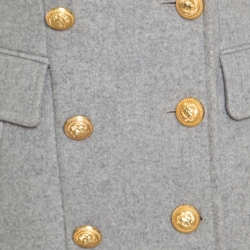 Pre Owned Balmain Grey Wool and Cashmere Gold Button Detail Double Breasted Overcoat S