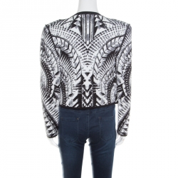 Pre Owned Balmain Monochrome Folkloric Patterned Jacquard Open Front Cropped Blazer L