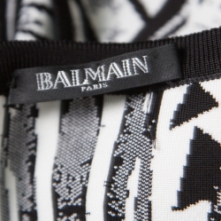 Pre Owned Balmain Monochrome Folkloric Patterned Jacquard Open Front Cropped Blazer L