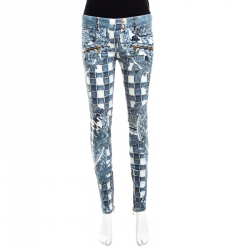Balmain Indigo Light Washed Denim Baroque Printed Skinny Biker Jeans S