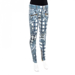 Balmain Indigo Light Washed Denim Baroque Printed Skinny Biker Jeans S
