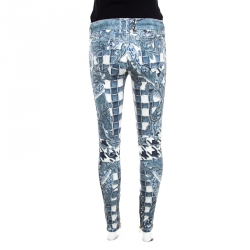 Balmain Indigo Light Washed Denim Baroque Printed Skinny Biker Jeans S