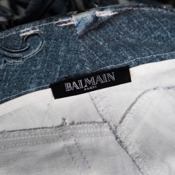 Balmain Indigo Light Washed Denim Baroque Printed Skinny Biker Jeans S